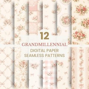 Op de afbeelding: Een verzameling van 12 digitale naadloze papierpatronen met een grandmillennial esthetiek. De patronen bevatten bloemmotieven, strikken en een zacht kleurenpalet van roze, crème en beige. De tekst "12 GRANDMILLENNIAL DIGITAL PAPER SEAMLESS PATTERNS" wordt weergegeven.