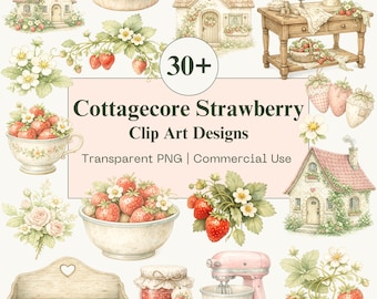 Cottagecore Strawberry Clip Art Bundle | Vintage Watercolor PNG | Floral Kitchen Baking Clipart | Commercial Use