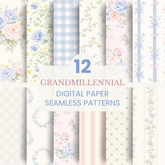 Grandmillennial Digital Paper Pack | 12 Floral Seamless Patterns | Preppy Designs