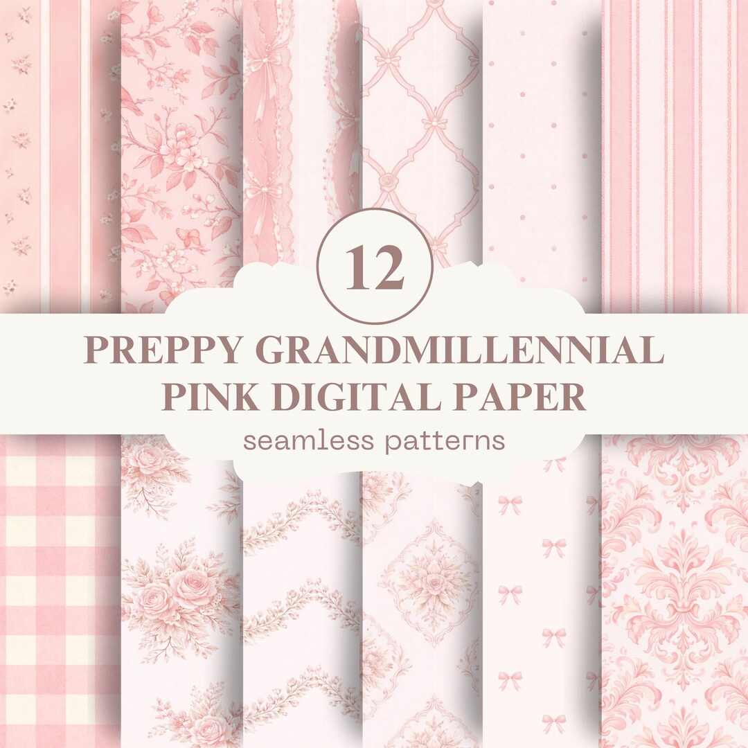 Pink Preppy Grandmillennial Digital Paper Pack | Blush Vintage Floral ...