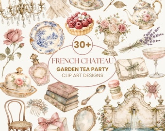 French Chateau Garden Tea Party Clip Art | Watercolor Teaware, Roses, Lace (30+ PNG)