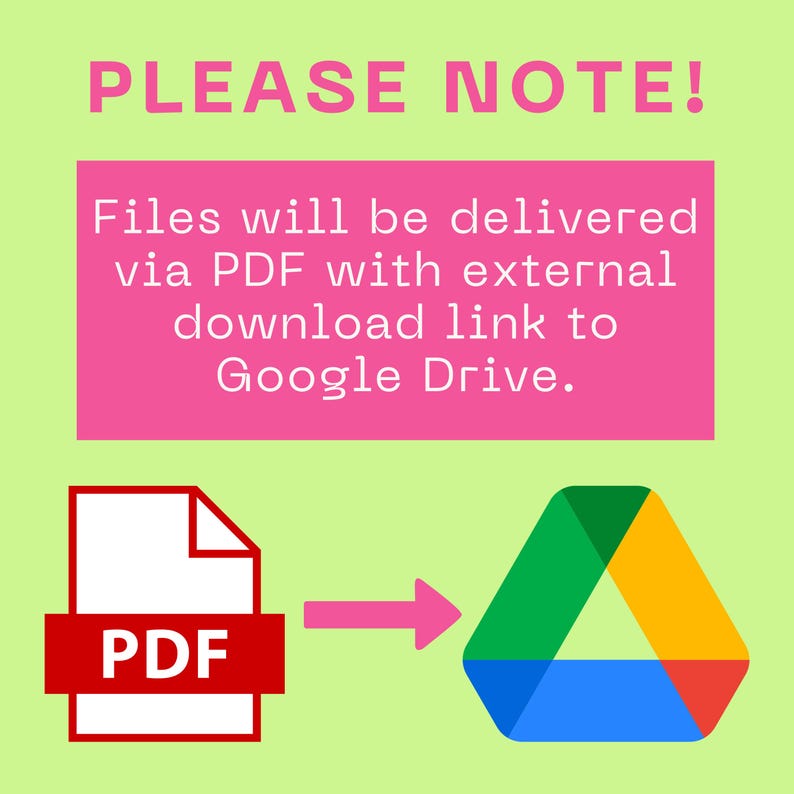 K&ouml;nnte beinhalten: Grafik mit dem Text "PLEASE NOTE!" in Pink auf hellgr&uuml;nem Hintergrund. Der Text darunter besagt, dass Dateien per PDF mit einem Download-Link zu Google Drive geliefert werden. Ein PDF-Symbol zeigt auf das Google Drive-Logo.