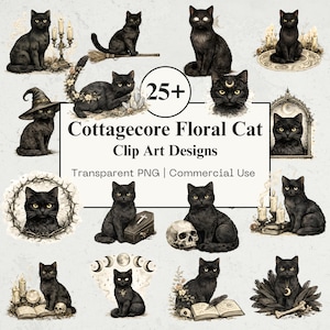 May include: A collection of digital clip art designs featuring black cats in various poses. The images include cats with witch hats, brooms, and floral accents. Text reads "Cottagecore Floral Cat Clip Art Designs".