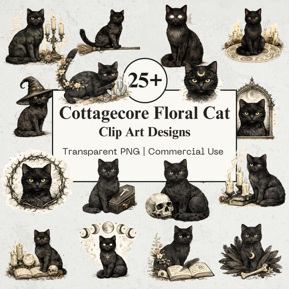 Gothic Black Cat Clip Art Bundle | Occult Witchy Dark Illustrations PNG | Commercial Use
