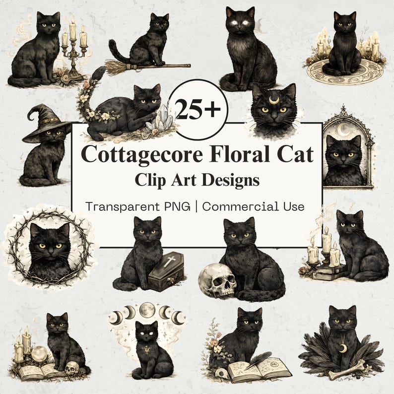 May include: A collection of digital clip art designs featuring black cats in various poses. The images include cats with witch hats, brooms, and floral accents. Text reads "Cottagecore Floral Cat Clip Art Designs".