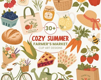 Cozy Summer Farmer's Market Clip Art Bundle | Watercolor Produce, Flowers, Picnic Graphics (Digital Download)