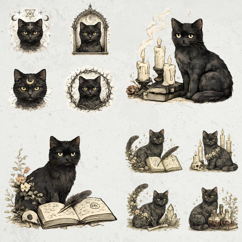 May include: A collection of black cat illustrations in various poses and settings. Some cats are depicted with celestial accents, candles, and open books. The artwork has a vintage, mystical aesthetic, with detailed linework and a muted color palette.