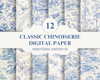 Klassische Chinoiserie Digital Paper Pack | Blaue Toile Muster | Asiatische Blumentapete | Kommerzielle Nutzung