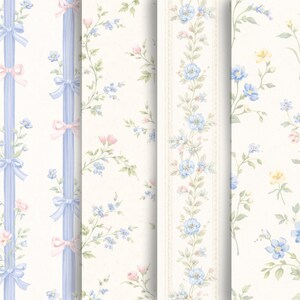 Puede incluir: Una colecci&oacute;n de dise&ntilde;os de papel pintado floral. Los patrones incluyen cintas azules con lazos rosas, delicadas flores azules y rosas, y un borde floral vertical con un ribete de encaje. El fondo es de un blanco roto suave.