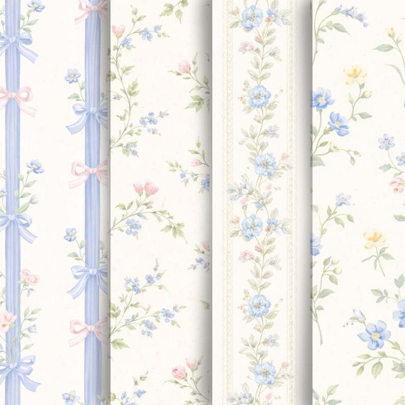 Puede incluir: Una colecci&oacute;n de dise&ntilde;os de papel pintado floral. Los patrones incluyen cintas azules con lazos rosas, delicadas flores azules y rosas, y un borde floral vertical con un ribete de encaje. El fondo es de un blanco roto suave.