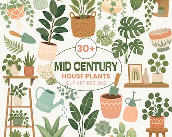 May include: A collection of over 30 Mid Century House Plants clip art designs. The image features various potted plants, hanging plants, gardening tools, and decorative elements in a warm, inviting color palette. The text "Mid Century House Plants" is prominently displayed.