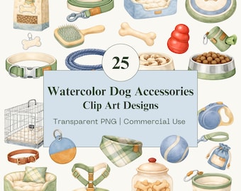 Watercolor Dog Accessories Clip Art Bundle | Pet Supplies PNG Clipart | Commercial Use