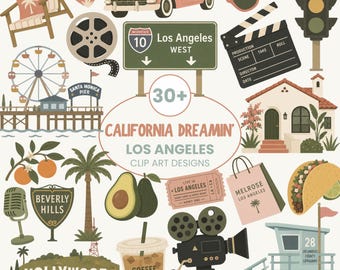 Los Angeles Clip Art | Hollywood, Santa Monica, Retro Travel Graphics (Digital Download)