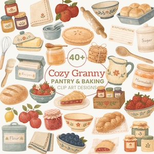 May include: A watercolour illustration of various pantry and baking items. The image includes jars of jam, apples, pie, bread, bowls of berries, a rolling pin, and a recipe box. Text reads "Cozy Granny Pantry & Baking Clip Art Designs."
