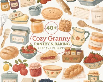 Cozy Granny Kitchen Clip Art | Watercolor Pantry, Baking, Recipe Designs (Digital Download)