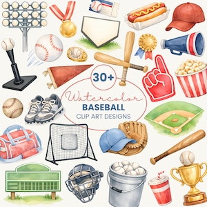 Pode incluir: Designs de clip art em aquarela com ilustrações temáticas de beisebol. Inclui bolas de beisebol, bastões, luvas, um campo de beisebol, um troféu, um cachorro-quente, um boné de beisebol e outros itens esportivos. O texto diz "30+ Watercolor Baseball Clip Art Designs."