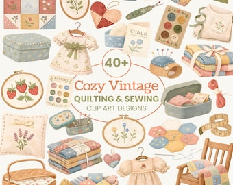 Cozy Vintage Quilting Sewing Clip Art Bundle | Patchwork, Buttons, Needlework (Digital Download)