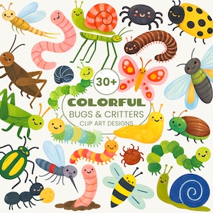 May include: A collection of colorful, cartoon-style bugs and critters, including a ladybug, butterfly, snail, and worm. The image features the text "Colorful Bugs & Critters Clip Art Designs" and a "30+" graphic.