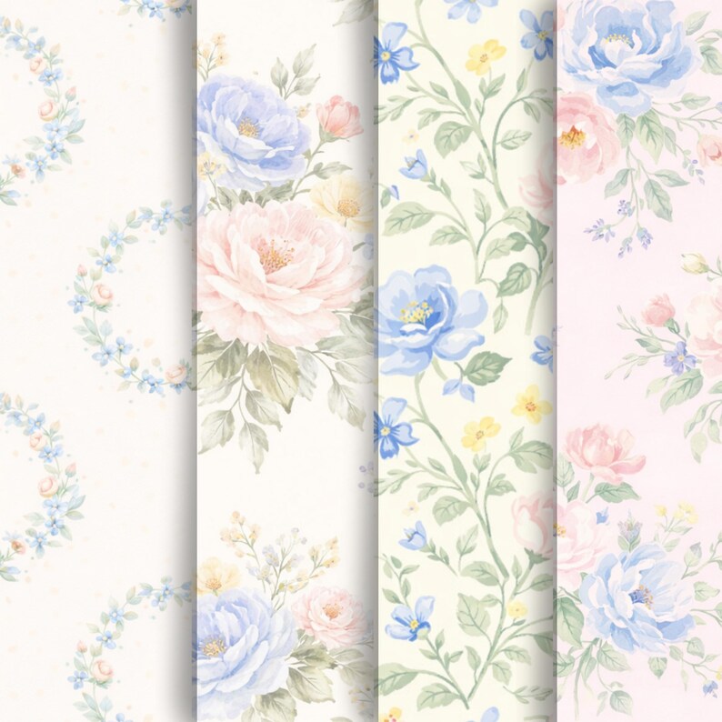 Puede incluir: Cuatro dise&ntilde;os de papel pintado floral con flores estilo acuarela en colores pastel. Los dise&ntilde;os incluyen rosas azules y rosas, delicadas guirnaldas florales azules y enredaderas con flores azules y amarillas.