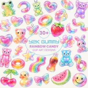Y2K Gummy Rainbow Godis Clip Art | Gelébjörnar, Hjärtan, Stjärnor (Digital Nedladdning)