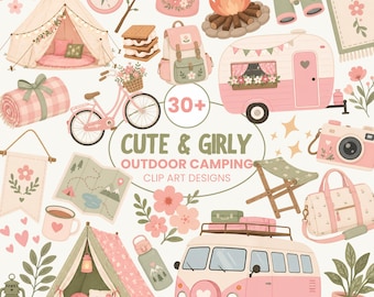Girly Camping Clipart | Pink Camper Van, Tent, Floral Designs (Digital Download)