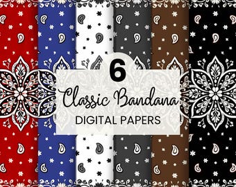 Classic Bandana Digital Paper Pack | Paisley Patterns, Western Backgrounds, Vintage Fabric Style