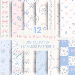 Peut inclure: Douze motifs numériques sans couture en rose et bleu. Les motifs incluent des fleurs, des nœuds et des rayures. Le texte sur l'image indique "Pink & Blue Preppy" et "Digital Paper Seamless Patterns".