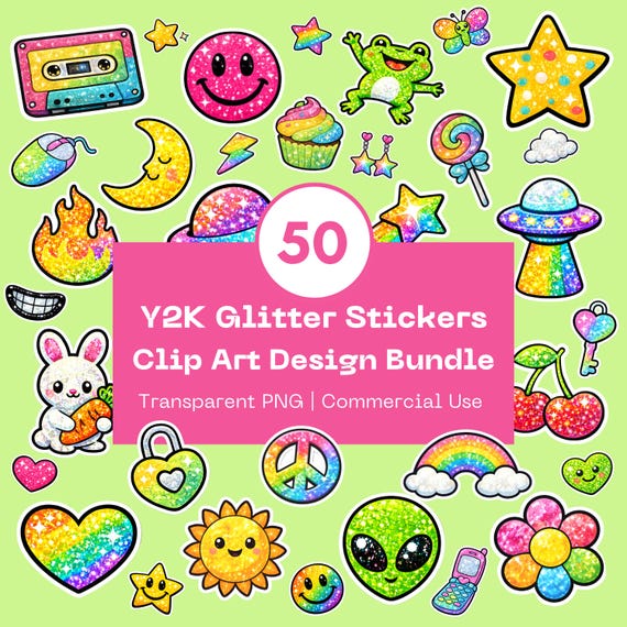 Y2K Glitter Stickers Clip Art Bundle | Rainbow Sparkle PNG | Retro 2000s Graphics | Commercial Use