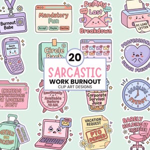 Puede incluir: Una colección de 20 pegatinas sarcásticas sobre el trabajo con ilustraciones en tonos pastel de material de oficina, electrónica y personajes con textos humorísticos como Burnout Babe, Mandatory Fun, Per My Last Breakdown y PTO Denied.