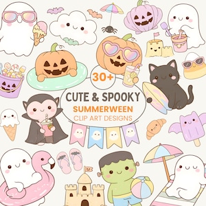 May include: A collection of cute and spooky clip art designs featuring ghosts, pumpkins, a black cat, and other summer-themed characters. The designs include a vampire, Frankenstein, and a ghost on a flamingo float. The text reads "Cute & Spooky Summerween".