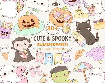 Summerween Clip Art PNG Bundle | Pastel Ghosts, Pumpkins, Beach Designs (Commercial Use)