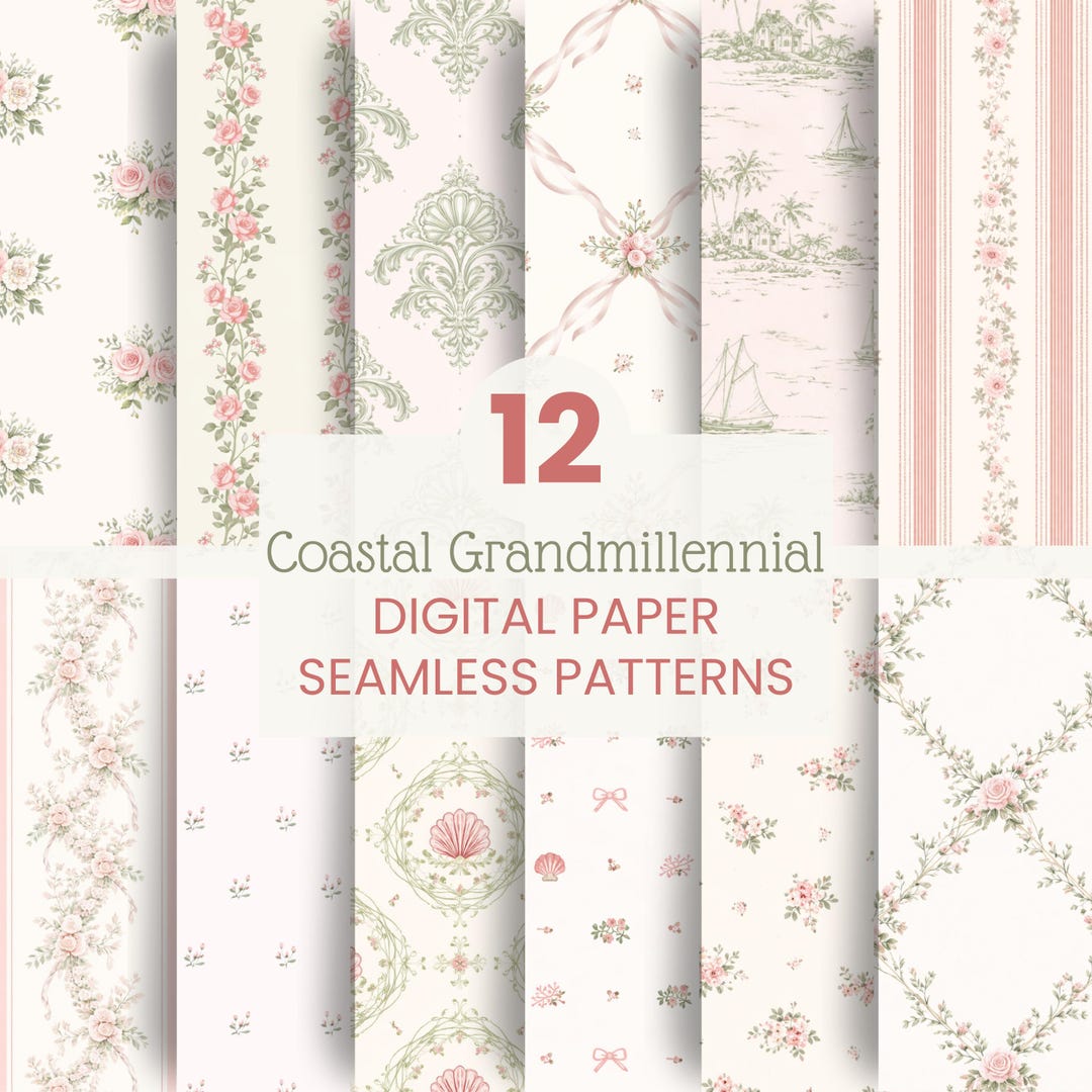 Coastal Grandmillennial Digital Paper Pack | Vintage Floral Seamless ...