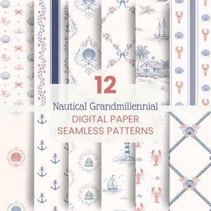 May include: A collection of 12 digital paper seamless patterns with a nautical theme. Designs include seashells, anchors, sailboats, and lobsters in shades of blue, red, and white. The text "Nautical Grandmillennial DIGITAL PAPER SEAMLESS PATTERNS" is displayed.