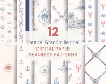 Nautical Grandmillennial Digital Paper Pack | Coastal Floral Stripe Seamless Patterns (Digital Download)