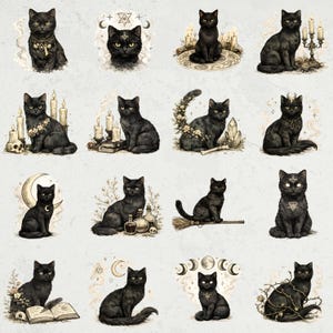 May include: A collection of digital illustrations featuring black cats in various poses. Some cats are adorned with jewelry, surrounded by candles, or seated near mystical objects. The illustrations have a vintage, occult-inspired aesthetic.