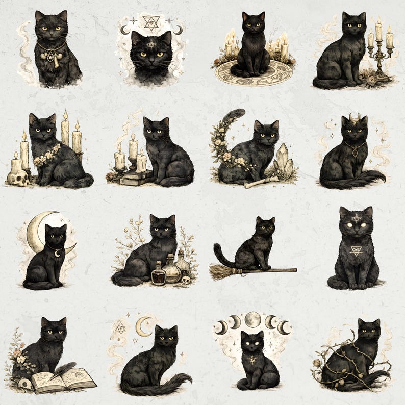 May include: A collection of digital illustrations featuring black cats in various poses. Some cats are adorned with jewelry, surrounded by candles, or seated near mystical objects. The illustrations have a vintage, occult-inspired aesthetic.