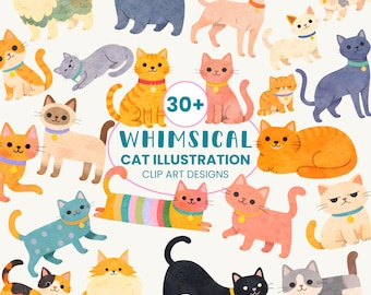 Whimsical Cats Clip Art | Kitten Illustrations | Colorful Cat Breeds Folk Clipart | Kids Pet PNG