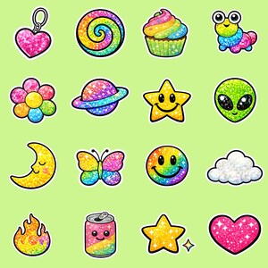 K&ouml;nnte beinhalten: Eine Sammlung farbenfroher Glitzeraufkleber auf hellgr&uuml;nem Hintergrund. Die Aufkleber zeigen ein Herz, eine Spirale, einen Cupcake, einen Frosch, eine Blume, einen Planeten, einen Stern, einen Alien, einen Mond, einen Schmetterling, ein Smiley, eine Wolke, eine Flamme, eine Getr&auml;nkedose und einen weiteren Stern und Herz.