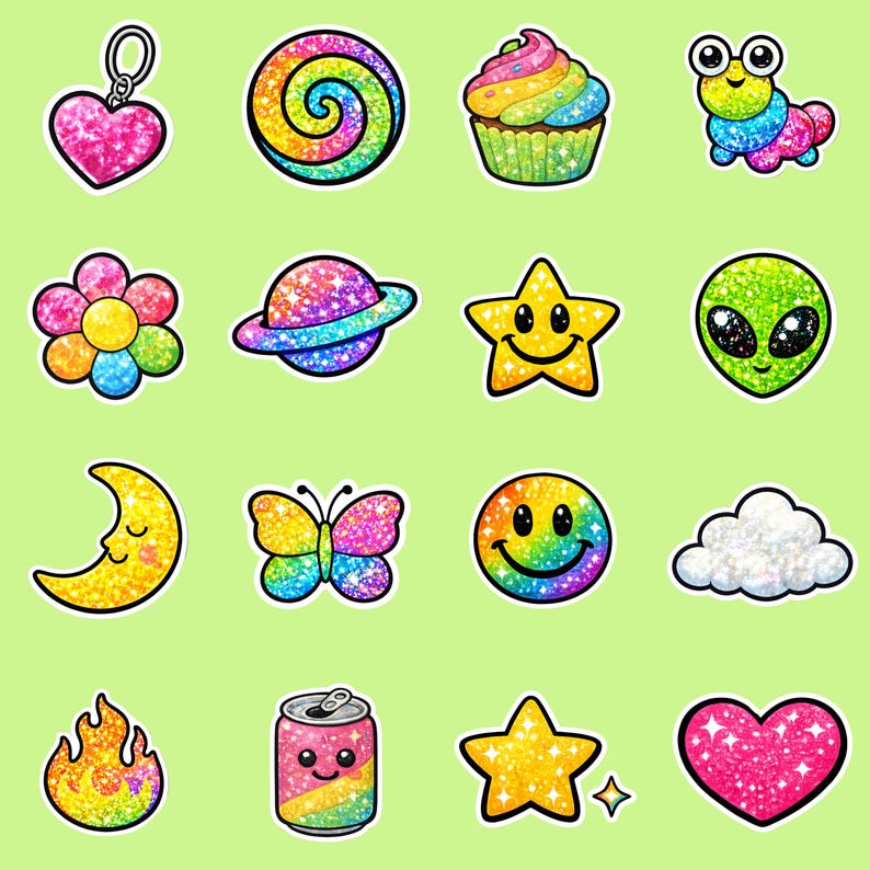K&ouml;nnte beinhalten: Eine Sammlung farbenfroher Glitzeraufkleber auf hellgr&uuml;nem Hintergrund. Die Aufkleber zeigen ein Herz, eine Spirale, einen Cupcake, einen Frosch, eine Blume, einen Planeten, einen Stern, einen Alien, einen Mond, einen Schmetterling, ein Smiley, eine Wolke, eine Flamme, eine Getr&auml;nkedose und einen weiteren Stern und Herz.