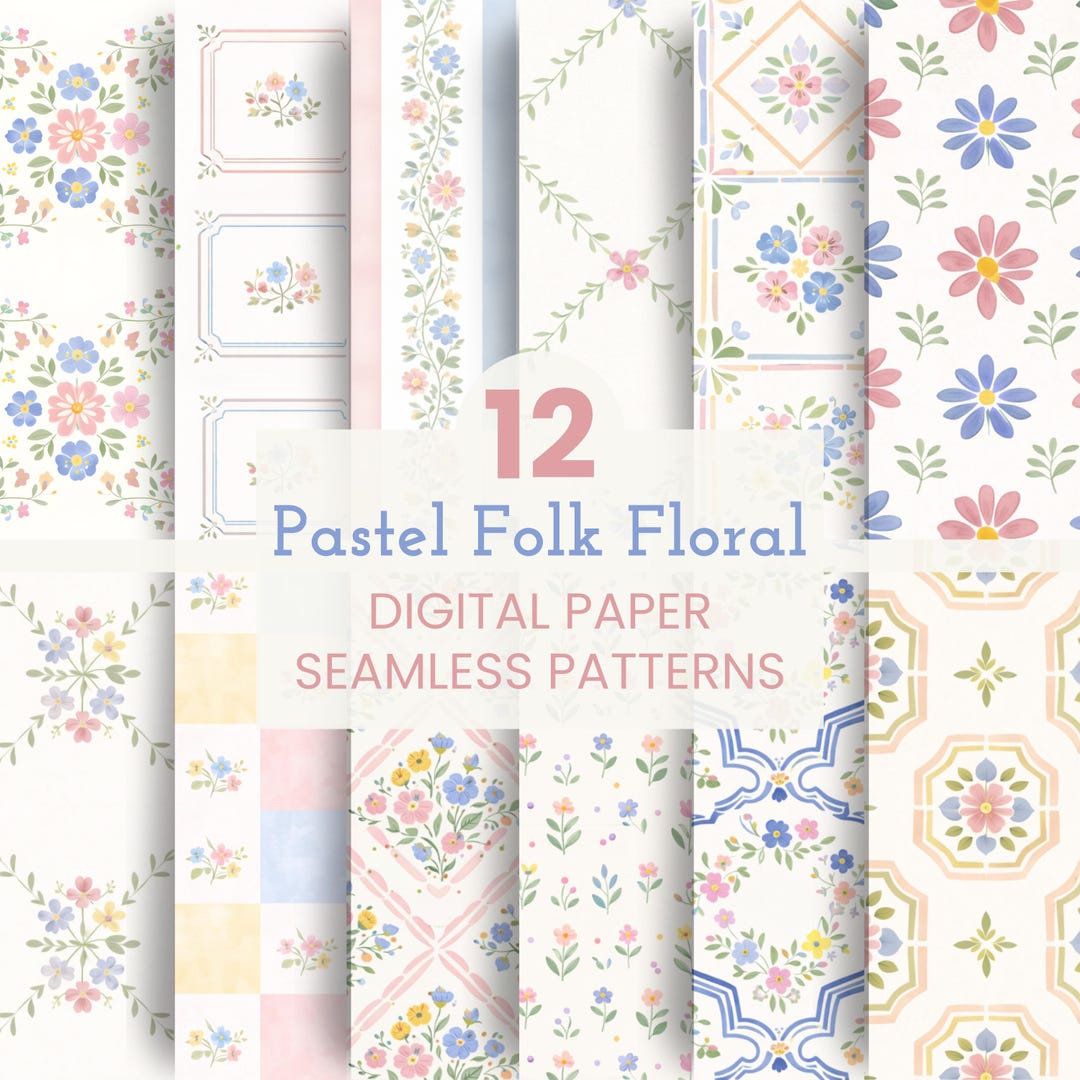 Pastel Folk Floral Digital Paper Pack | 12 Seamless Cottagecore ...