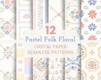 Paquete de papel digital floral pastel folk / 12 patrones cottagecore sin costuras / Papel para álbumes de recortes / Uso comercial