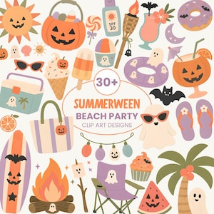 May include: A selection of Summerween-themed clip art designs. Includes a jack-o'-lantern sun, beach bag, surfboard, campfire, ghost, and other beach and Halloween-related items. The text reads "Summerween Beach Party Clip Art Designs."
