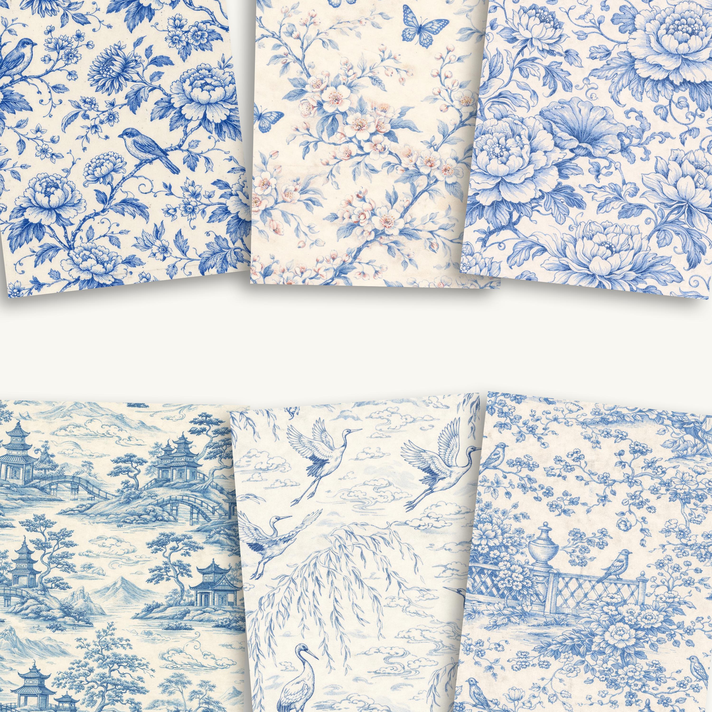 Classic Chinoiserie Digital Paper Pack | Blue Toile Seamless Patterns ...