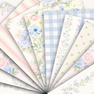 Puede incluir: Una colecci&oacute;n de papeles estampados en abanico, mostrando varios dise&ntilde;os. Los papeles presentan patrones florales en tonos rosa, azul y amarillo, junto con rayas, cuadros y lunares. La est&eacute;tica general es suave y de inspiraci&oacute;n vintage.
