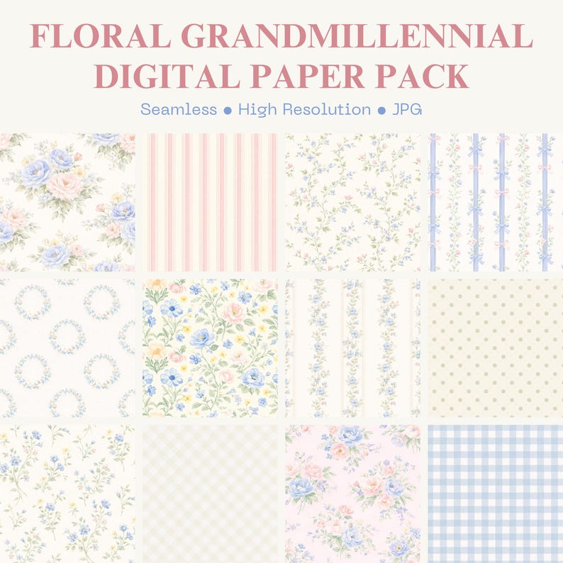Puede incluir: Paquete de papel digital con una variedad de dise&ntilde;os florales y estampados. Incluye archivos JPG sin costuras y de alta resoluci&oacute;n. Dise&ntilde;os con rosas, rayas, lunares y cuadros en colores pastel.
