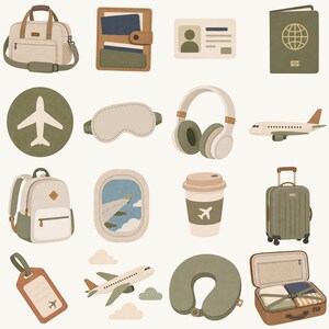 May include: An illustration of travel essentials, including a duffel bag, wallet, passport, headphones, airplane, backpack, luggage, travel pillow, and a suitcase. The color palette is neutral with shades of beige, green, and brown.
