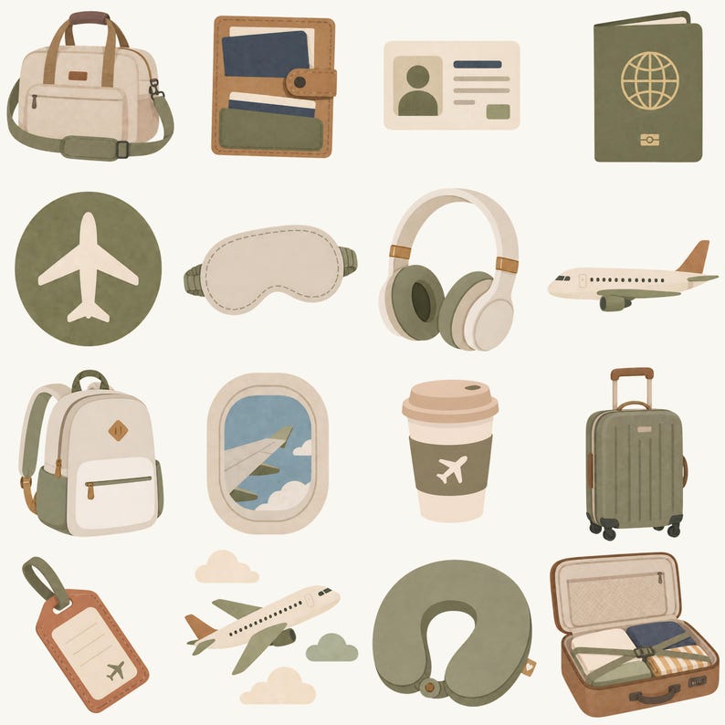 May include: An illustration of travel essentials, including a duffel bag, wallet, passport, headphones, airplane, backpack, luggage, travel pillow, and a suitcase. The color palette is neutral with shades of beige, green, and brown.
