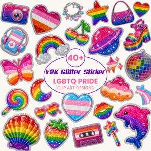 May include: A selection of over 40 glitter stickers with Y2K and LGBTQ Pride themes. The stickers feature a rainbow, heart, butterfly, planet, and other colourful designs. The stickers are outlined in silver.