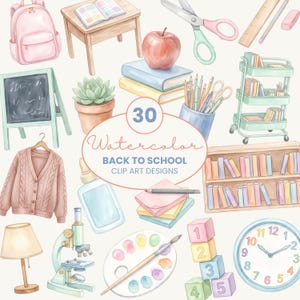 Könnte beinhalten: Eine Sammlung von Aquarell-Illustrationen zum Thema Schule, darunter ein rosa Rucksack, ein Holztisch, eine Schere, ein roter Apfel, Bücher, eine Sukkulente, ein Rollwagen, eine Strickjacke, Kleber, ein Mikroskop, eine Farbpalette und eine Uhr.