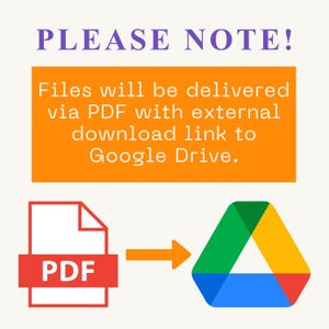 May include: Image with text: "PLEASE NOTE! Files will be delivered via PDF with external download link to Google Drive." A PDF document icon with a red banner labeled "PDF" points to the Google Drive logo.